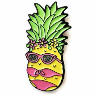 Przypinka Ananas Żółty W Okularach I Różowym Stroju Bikini Buton Metal Pin 1