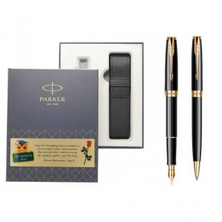 Zestaw pióro wieczne i długopis Parker Sonnet Czarna Laka GT Etui Exclusive i tabliczka