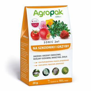 Preparat na szarą pleśń, mączniaka, plamistość. Oprysk na ćmę bukszpanową, mszyce, przędziorka SONIC 2w1 AGROPAK 20 G