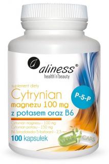 Aliness Cytrynian magnezu 100mg z potasem i B6 (P-5-P) VEGE caps - 100 kaps.