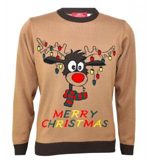 Brązowy sweter świąteczny z zabawnym reniferem