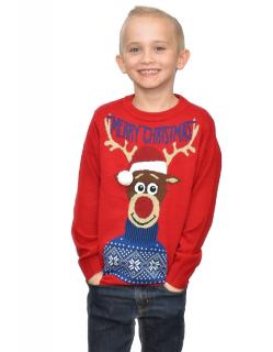 Chłopięcy sweter świąteczny renifer w czapce - czerwony