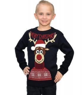 Chłopięcy sweter świąteczny renifer w czapce - granatowy
