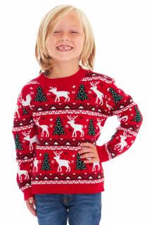 Czerwony sweter świąteczny z reniferami i choinkami dla dziecka