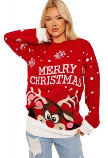 Czerwony świąteczny sweter z reniferem nos 3d -czerwony