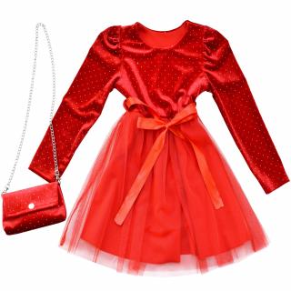 Elegancka sukienka świąteczna czerwona z tiulem + torebką dla dziewczynki
