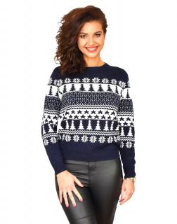 Granatowy damski sweter świąteczny śnieżynki i choinki