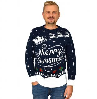 Granatowy sweter świąteczny z białym napisem MERRY CHRISTMAS