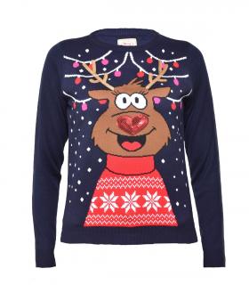 Granatowy sweter świąteczny z reniferem i cekinami