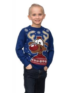 Niebieski dziecięcy sweter świąteczny z LEDAMI i reniferem