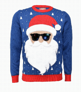 Niebieski świąteczny sweter z światełkami LED i Mikołajem z puszystą brodą