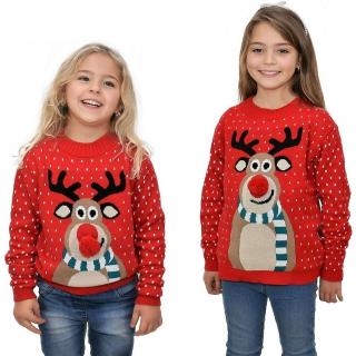 Sweter świąteczny dla dziecka czerwony renifer nos 3D