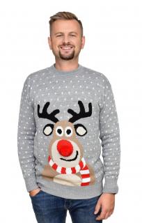 Sweter świąteczny z reniferem pompon 3D - szary