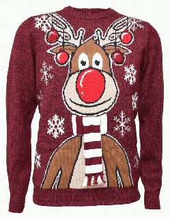Sweter świąteczny z światełkami i zwariowanym reniferem – bordowy