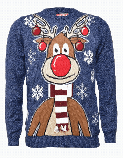 Sweter świąteczny z światełkami i zwariowanym  reniferem – granatowy