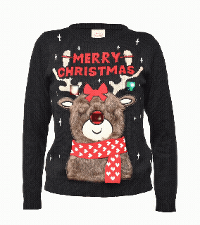 Sweter świąteczny z włochatym reniferem i diodami LED