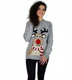 Szary sweter świąteczny z reniferem pompon 3D