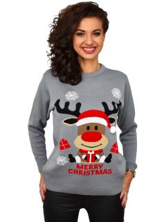 Szary sweter świąteczny z reniferem w czapce