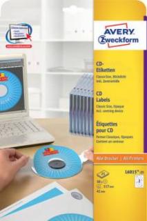 Etykiety na płyty CD/DVD AVERY CLASSICSIZE 117 mm, 2 etykiety/A4 50 szt. białe matowe ekologiczne - X06584