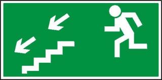 Znak - kierunek do wyjścia drogi ewakuacyjnej schodami w dół na lewo - X02925