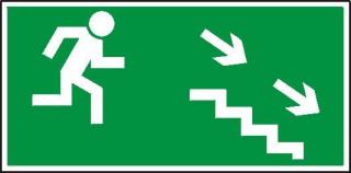 Znak - kierunek do wyjścia drogi ewakuacyjnej schodami w dół na prawo - X02926