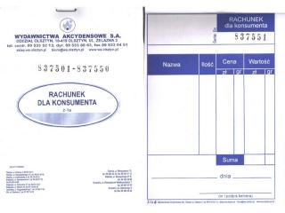 Rachunek dla konsumenta paragon, A6, 50x2 karty, offset, Ż-1A