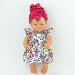 Sukienka Miniland 38 cm, w kolorowe kwiaty, turban dla lalki Sukienka Miniland 38 cm, w kolorowe kwiaty, turban dla lalki
