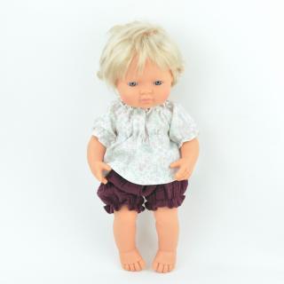 Zestaw dla lalki Miniland 38 cm, bluzeczka w pastelową łączkę, śliwkowe bloomersy Zestaw dla lalki Miniland 38 cm, bluzeczka w pastelową łączkę, śliwkowe bloomersy