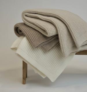 Koc z Wełny Merino 100% LANEA z piki waflowej, Kolor - ecru, Rozmiar - 130x170 WYPRZEDAŻ, WYSYŁKA GRATIS, 603-671-572