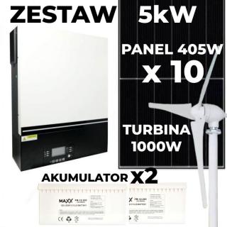 Elektrownia WIATROWO-FOTOWOLTAICZNA 5kW - 10 x Panel 405W JA SOLAR + Turbina 1000W + Inwerter Off Grid ESB 7,5kW