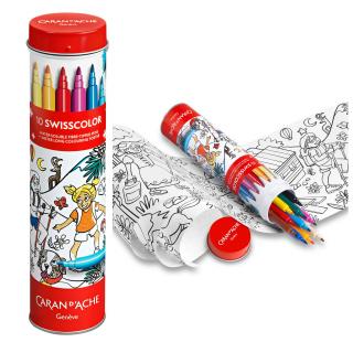 Flamastry akwarelowe Caran d’Ache Swisscolor, 10 kolorów w metalowej tubie + kolorowanka