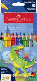 KREDKI JUMBO GRIP EDYCJA DINOZAURY FABER-CASTELL 8 KOLORÓW STANDARDOWYCH + 2 KOLORY METALICZNE + NAKLEJKI