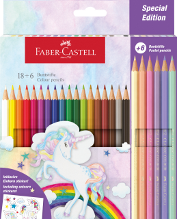 KREDKI SZEŚCIOKĄTNE EDYCJA JEDNOROŻEC - UNICORN FABER-CASTELL, 18 KOLORÓW STANDARDOWYCH + 6 KOLORÓW PASTELOWYCH + NAKLEJKI