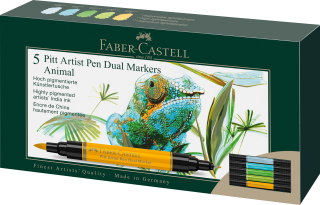 PISAKI DWUSTRONNE PITT ARTIST PEN FABER-CASTELL, 5 KOLORÓW - ZESTAW ANIMALS