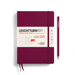 PLANER TYGODNIOWY Z NOTATNIKIEM LEUCHTTURM1917 18 MIESIĘCY MEDIUM (A5) 2024/2025 PORT RED (BORDOWY)