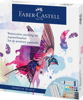 ZESTAW DO MALOWANIA AKWARELAMII CREATIVE STUDIO FABER-CASTELL: 12 KOLORÓW + 4 PĘDZELKI + SZABLON + PALETKA