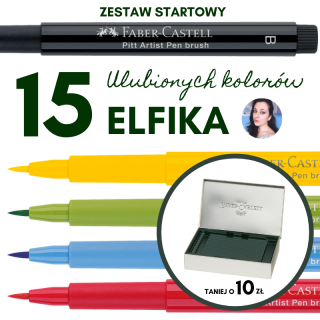 ZESTAW STARTOWY ELFIKA: 15 ULUBIONYCH KOLORÓW PISAKÓW PITT ARTIST PEN + PIÓRNIK NA KREDKI