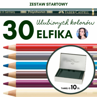 ZESTAW STARTOWY ELFIKA: 30 ULUBIONYCH KOLORÓW KREDEK POLYCHROMOS + PIÓRNIK NA KREDKI