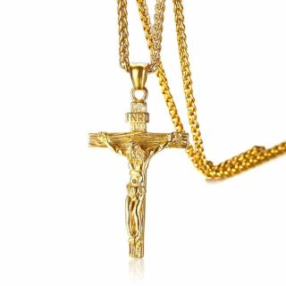 Złoty Krzyż Religijny INRI z Jezusem Stal Szlachetna