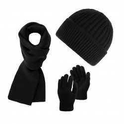 Czapka beanie BR-02-BL, szalik czarny BR-07-BL i rękawiczki męskie BR-08-BL komplet zimowy męski ZES-31-BL