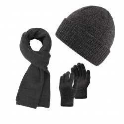 Czapka beanie BR-03-GR, szalik szary  BR-07-GR i rękawiczki męskie BR-08-GR zestaw zimowy męski ZES-34-GR