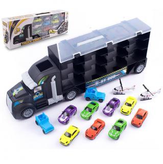 Ciężarówka, Laweta z naczepą i resorakami, garaż na autka - zabawka dla dzieci