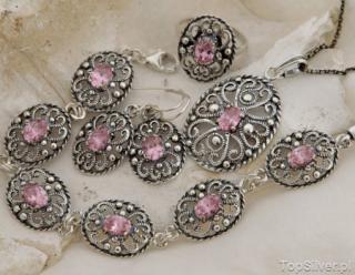 MARGE - srebrny komplet z różowym kryształem