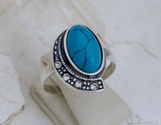 TEMPOLI - srebrny pierścionek z turkusem i kryształami