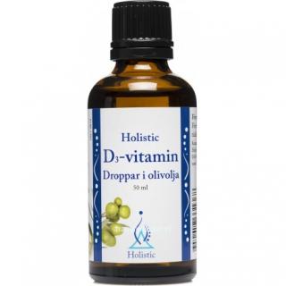 Holistic D3-vitamin Droppar i olivolja witamina D3, E ekologiczna 50ml Holistic D3-vitamin Droppar i olivolja witamina D3 cholekalcyferol d-alfa-tokoferol witamina E ekologiczna oliwa z oliwek