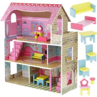 Drewniany Domek Willa dla Lalek Barbie + Mebelki