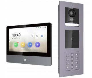 Zestaw wideodomofonowy IP Hikvision: Monitor 7" LCD DS-KH8350-WTE1 + panel zewnętrzny z kamerą , szyfratorem i czytnikiem zbliżeniowym System POE