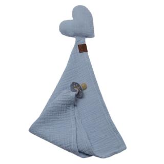 Hi Little One pieluszka, przytulanka doudou z zawieszką na smoczek BIO muślin HEART Baby Blue Mimisia.pl