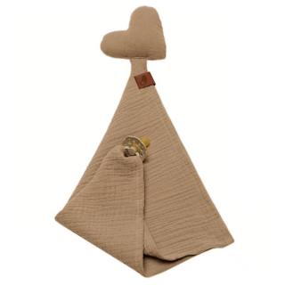 Hi Little One pieluszka, przytulanka doudou z zawieszką na smoczek BIO muślin HEART Beige Mimisia.pl