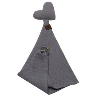 Hi Little One pieluszka, przytulanka doudou z zawieszką na smoczek BIO muślin HEART Grey Mimisia.pl